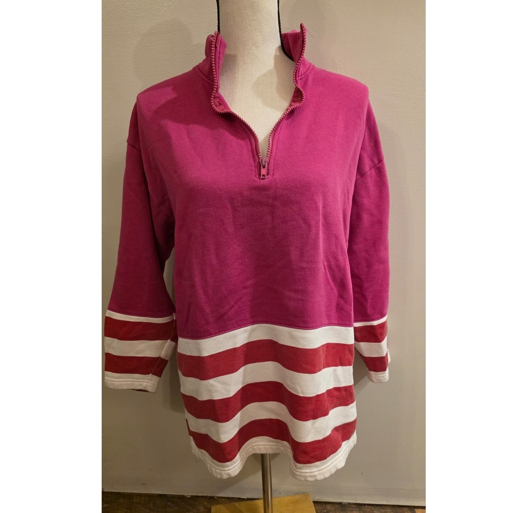 Pacer Vintage Magenta Pink Striped Quarter Zip Fleece Sweatshirt Mens Medium